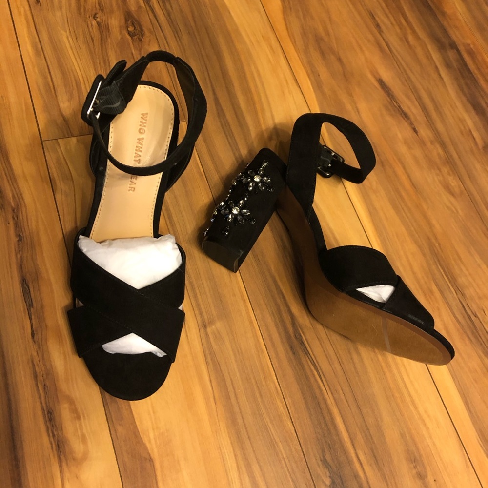 This item has moved. Black Heels. With jewels on heels.